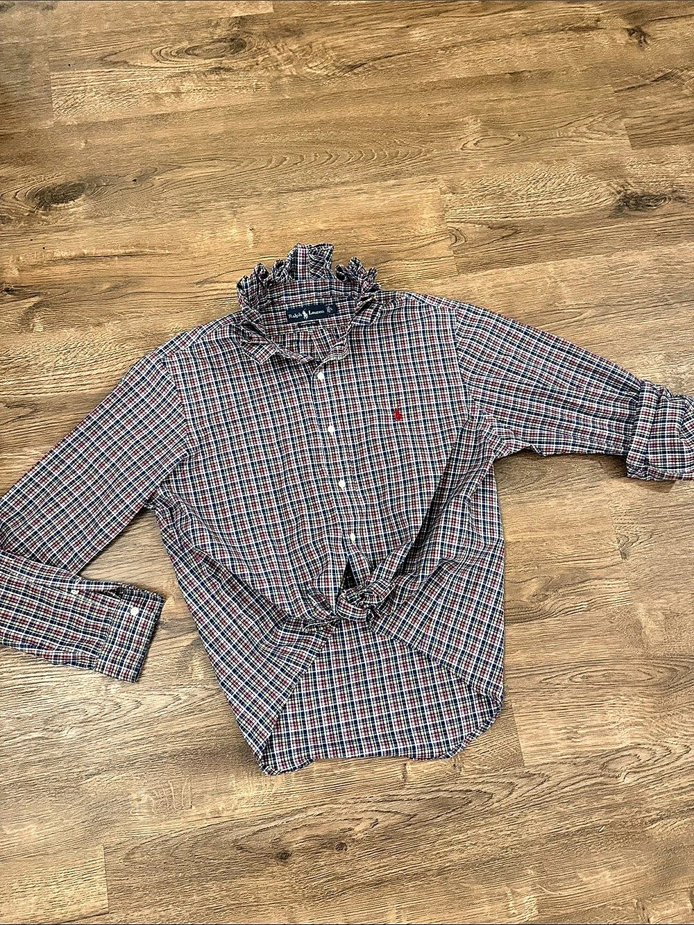 Upcycled Ralph Lauren Custom Fit Plaid Ruffle High Neck Button Down Shirt Plaid
